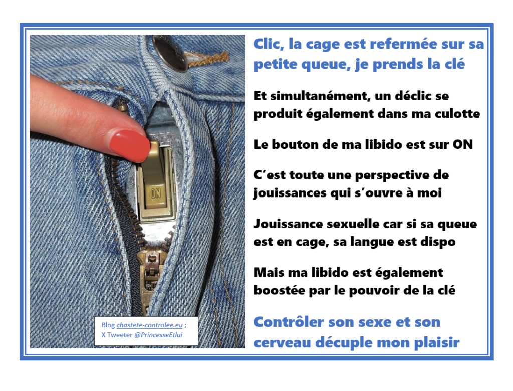 La keyholder déclenche le bouton de sa libido en fermant la cage de chasteté de son mari soumis. Elle va jouir d'une jouissance de la femme dominatrice