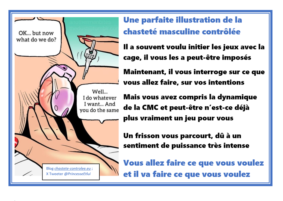 La keyholder vient de fermer la cage de chasteté dans un jeu de chasteté masculine contrôlée CMC elle prend conscience qu'elle est devenue dominatrice de son mari soumis