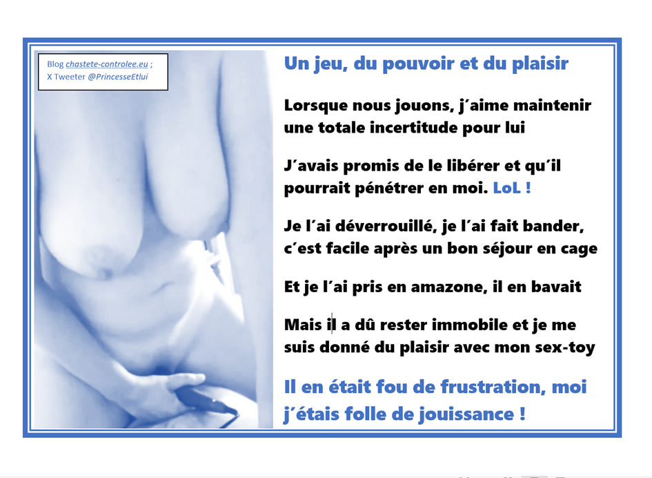 La keyholder fait l'amour avec son maris soumis auquel elle a retiré sa cage de chasteté. Mais il ne peut jouir alors qu'elle se donne un orgasme avec son sex-toy