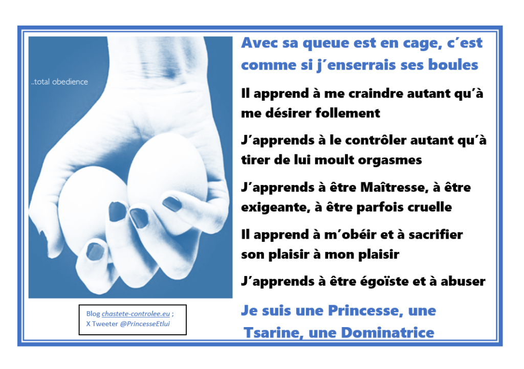 la keyholder serre les boules bleues de son mari c'est le symbole de la chasteté masculine contrôlée la CMC ou d'une relation FLR menée par la keyholder sur le mari en cage chastity device
