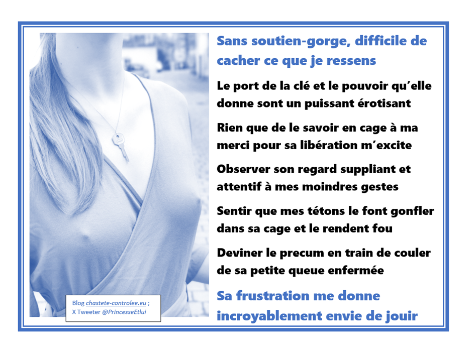 la keyholder dans une relation FLR avec son mari en cage de chasteté jouit du pouvoir de sa clé. Le soumis est toujours prêt à donner des orgasmes à sa femdom dont les tétons pointent entre ses seins CMC WLR 